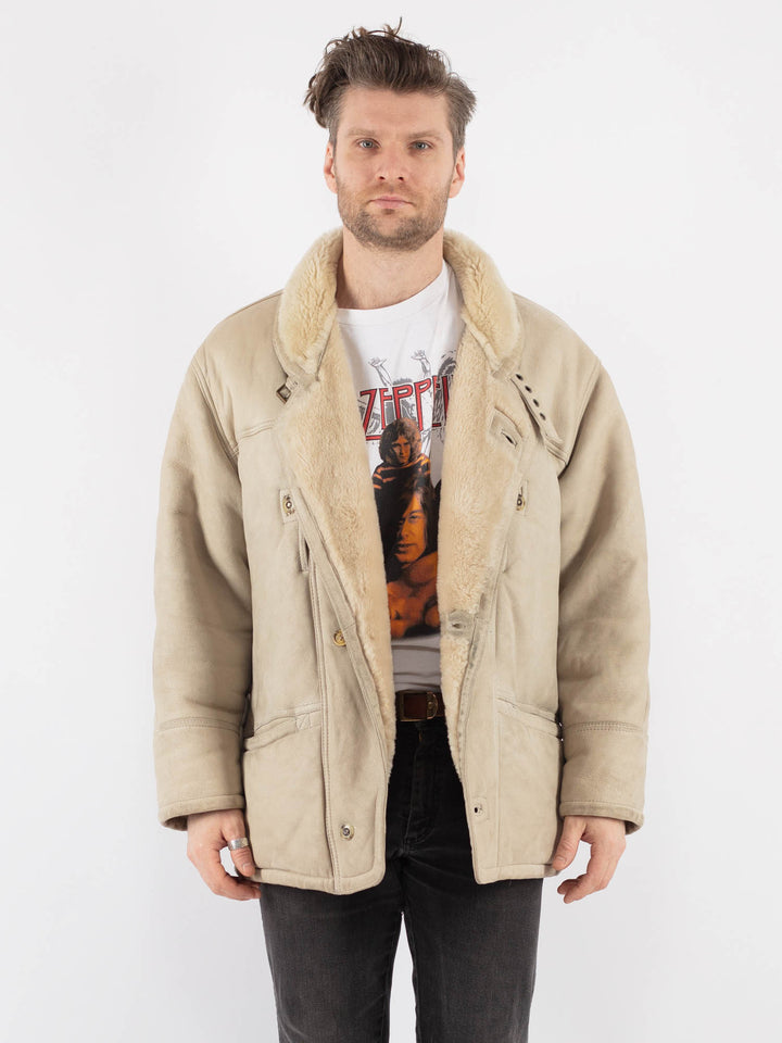 Vintage 70's Men Sheepskin Coat in Beige - NorthernGrip