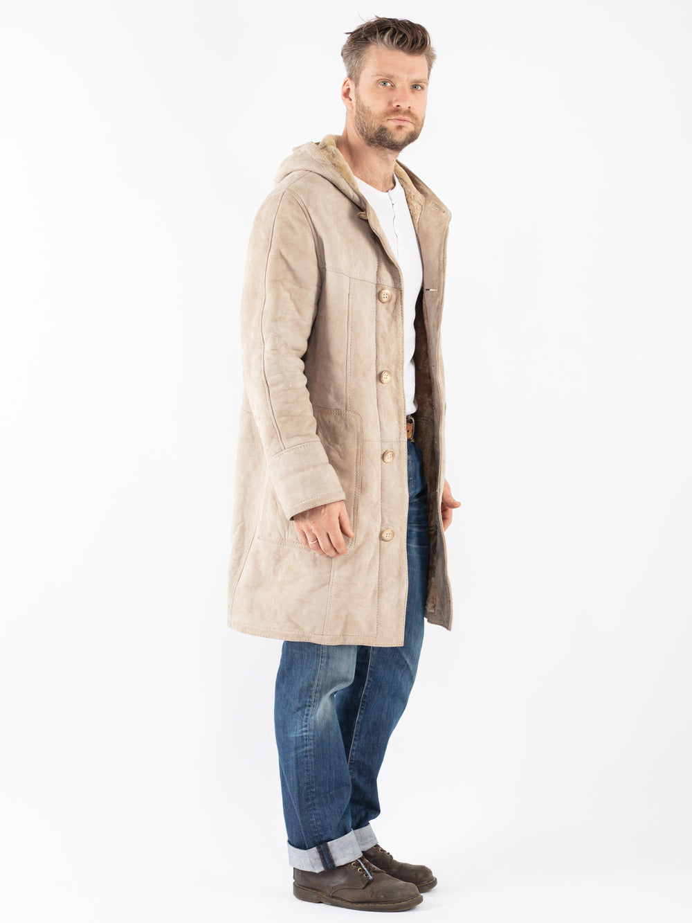 Vintage 70's Men Sheepskin Coat in Beige