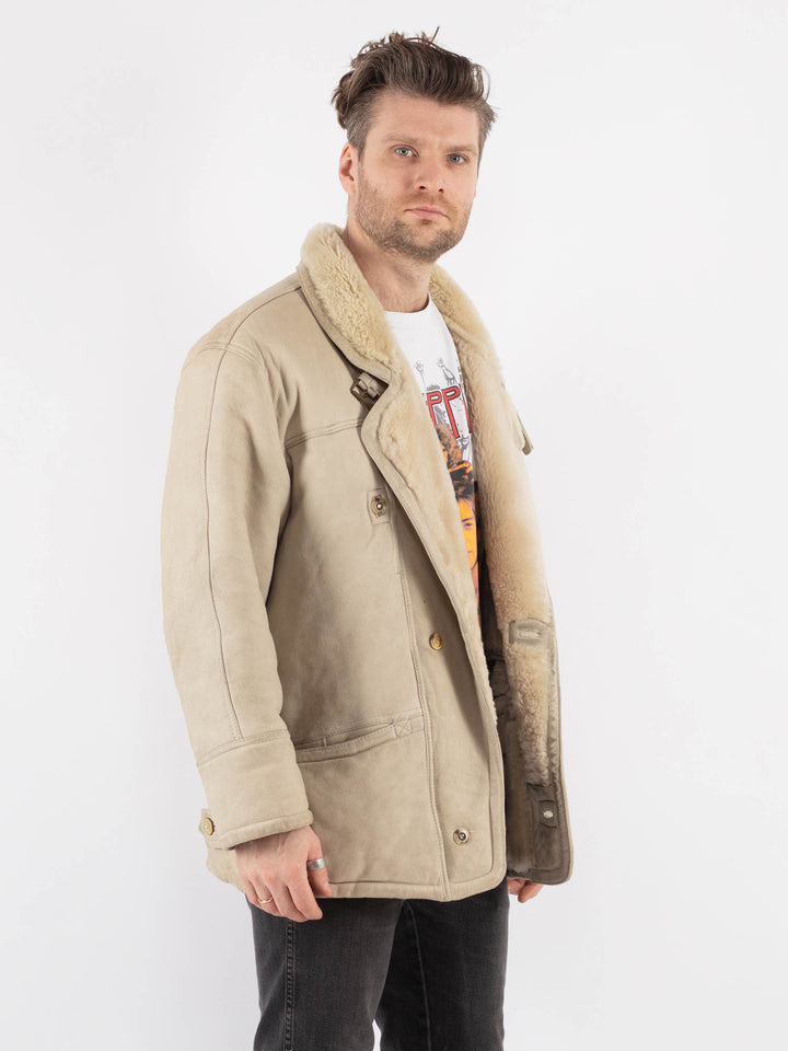 Vintage 70's Men Sheepskin Coat in Beige - NorthernGrip