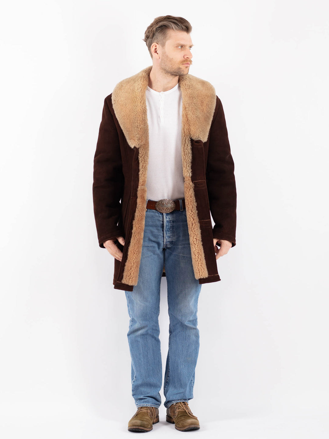 Vintage 70's Men Sheepskin Shearling Coat in BrownZ1405