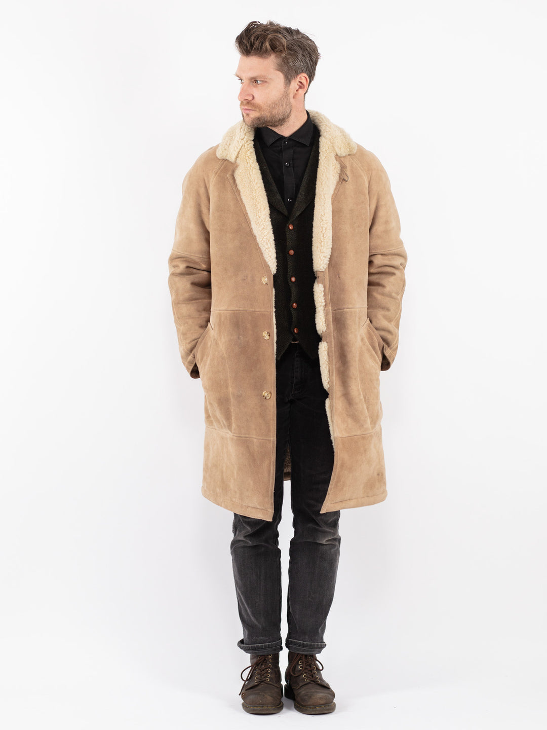 Vintage 70's Men Sheepskin Coat in Beige