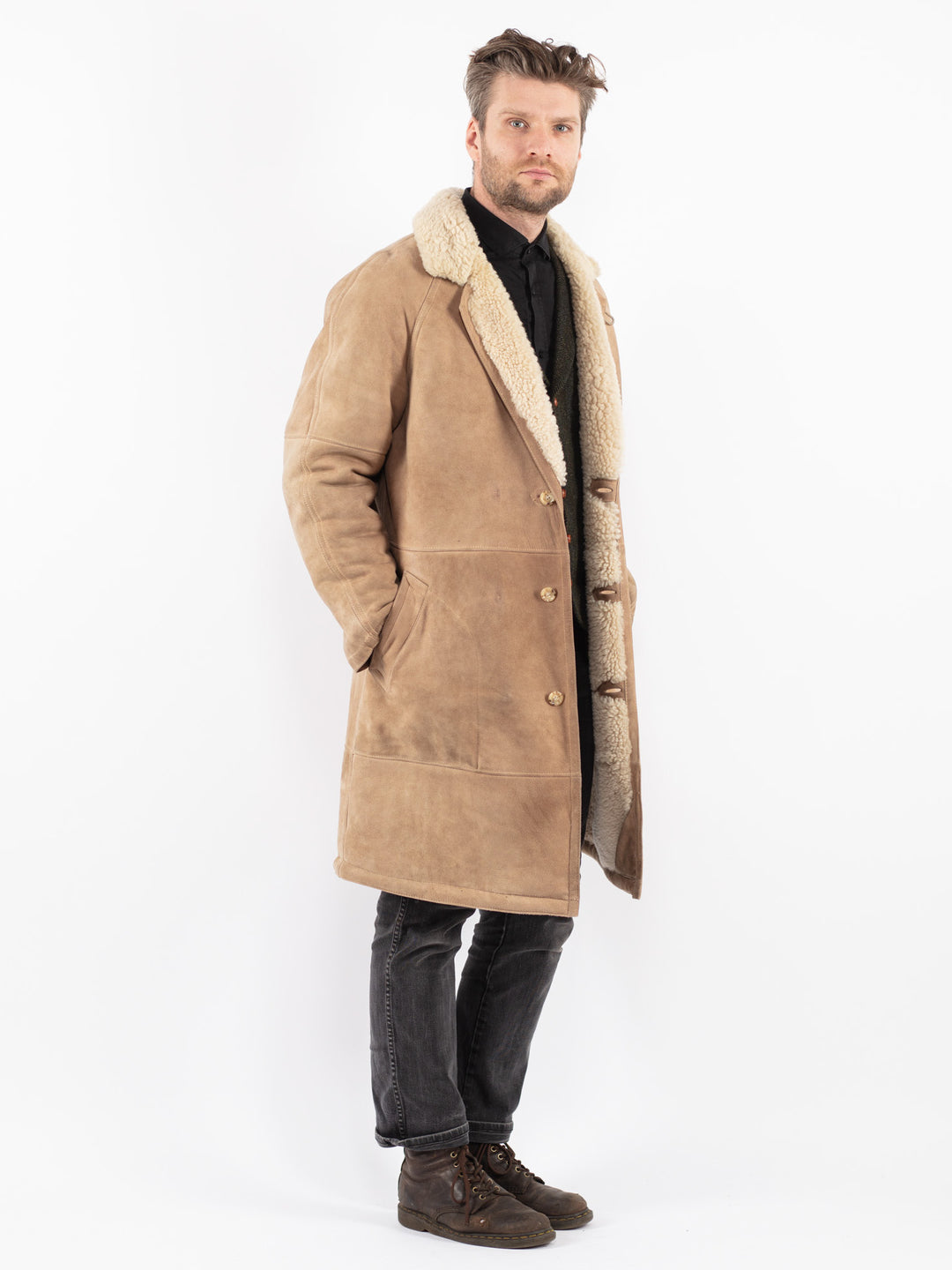 Vintage 70's Men Sheepskin Coat in Beige