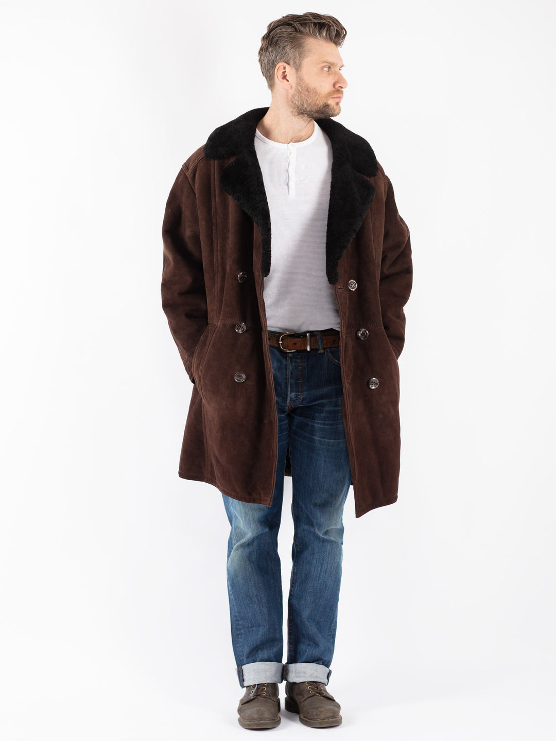 Vintage 70's Men Sheepskin Shearling Coat in Brown