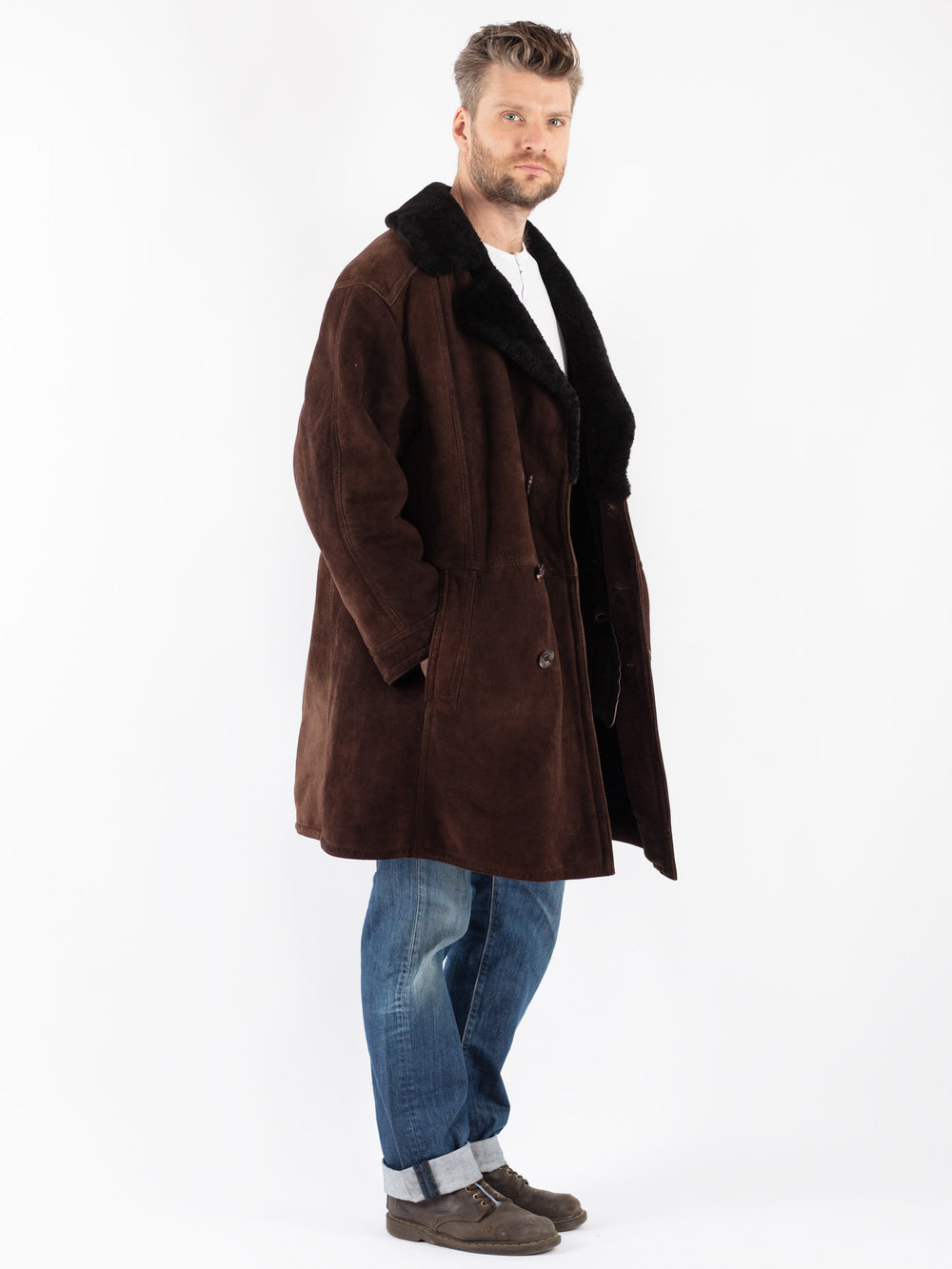 Vintage 70's Men Sheepskin Shearling Coat in Brown