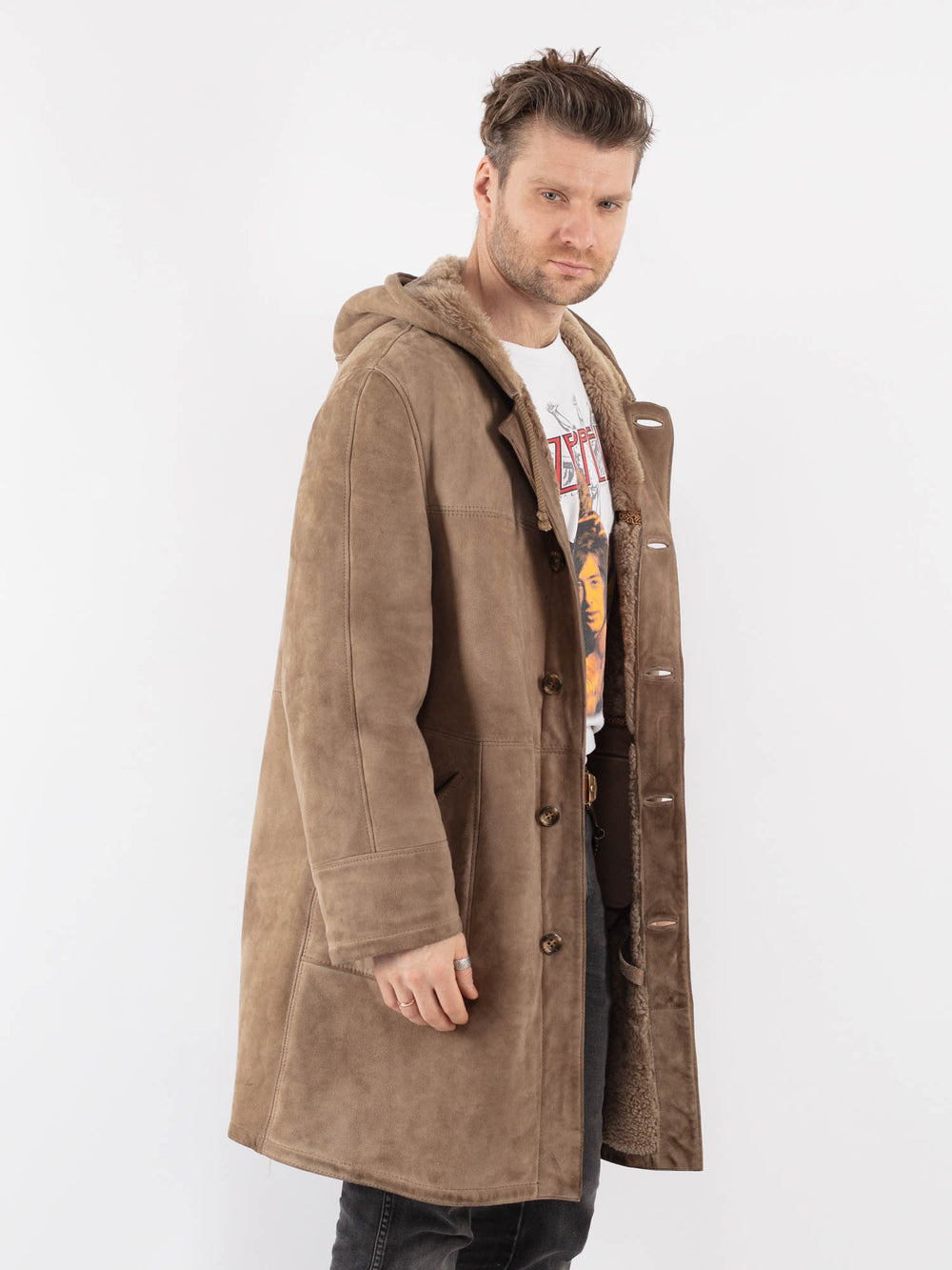Vintage 70's Men Hooded Sheepskin Coat in Beige - NorthernGrip
