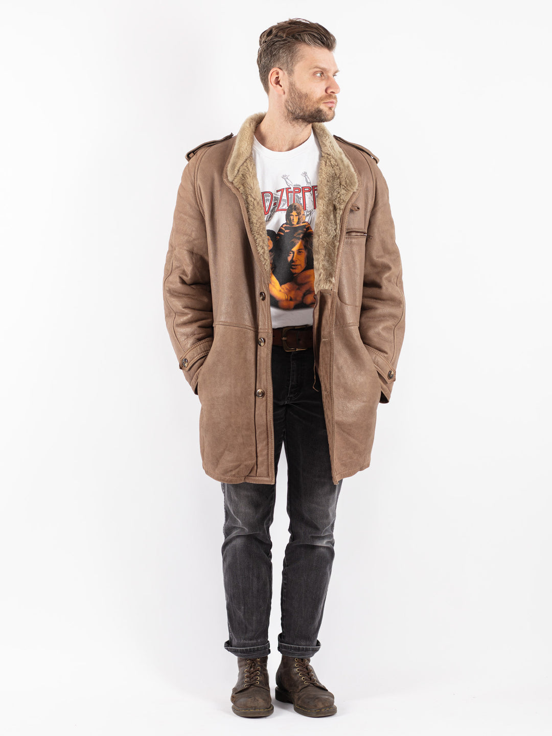 Vintage 70's Men Sheepskin Coat in Beige
