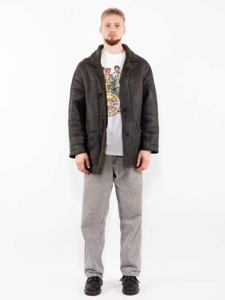 Vintage 70's Men Sheepskin Shearling Coat in Green