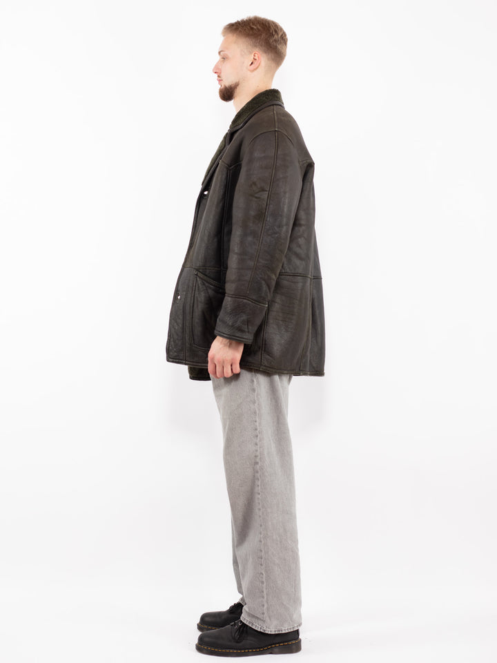 Vintage 70's Men Sheepskin Shearling Coat in Green