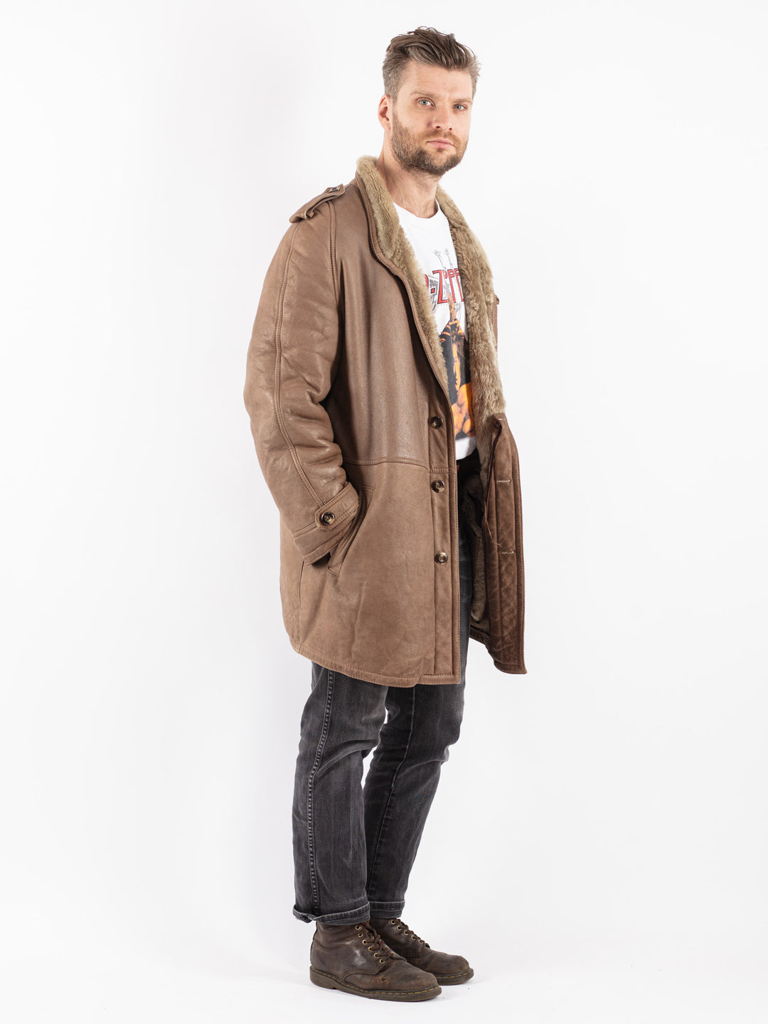Vintage 70's Men Sheepskin Coat in Beige