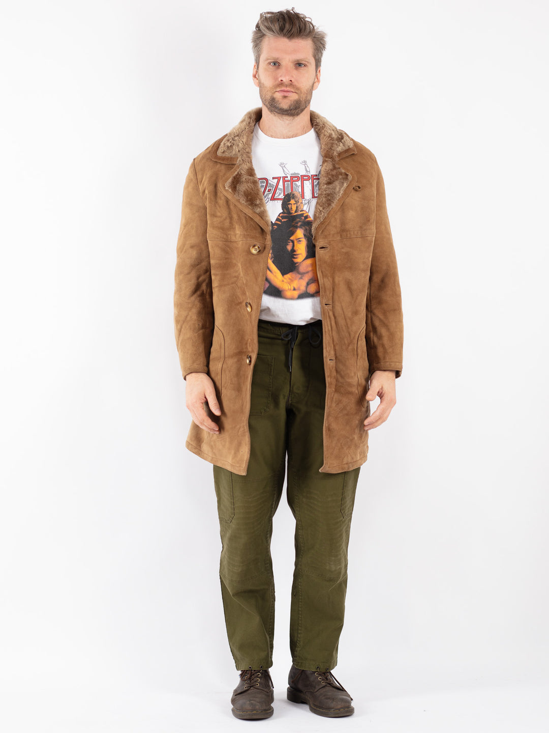 Vintage Men Sheepskin Coat in Beige