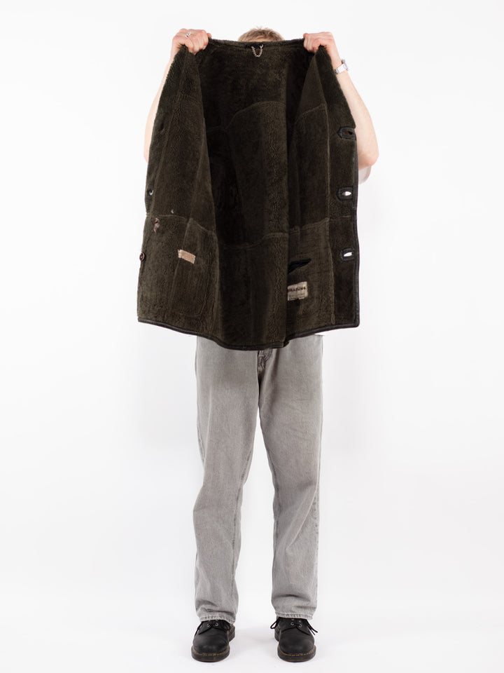 Vintage 70's Men Sheepskin Shearling Coat in Green
