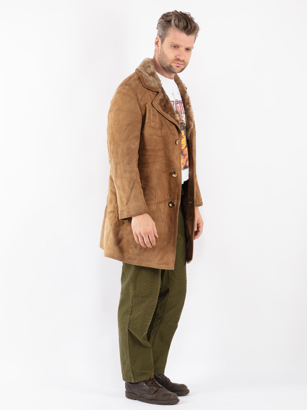Vintage Men Sheepskin Coat in Beige