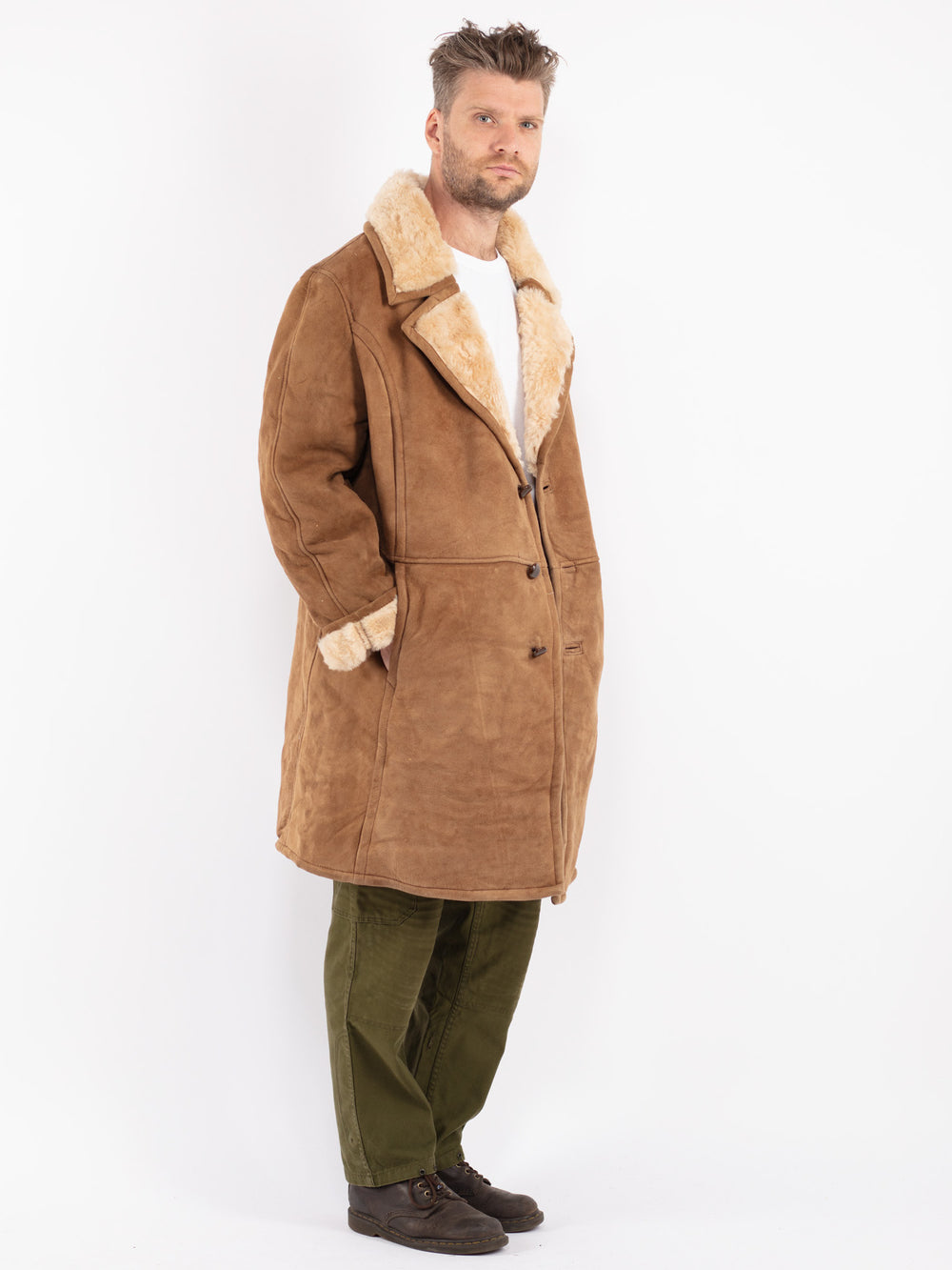 Vintage 70's Men Sheepskin Coat in Beige