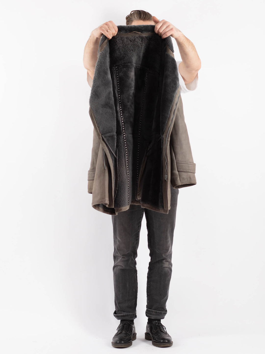 Vintage 70's Men Sheepskin Coat in Gray