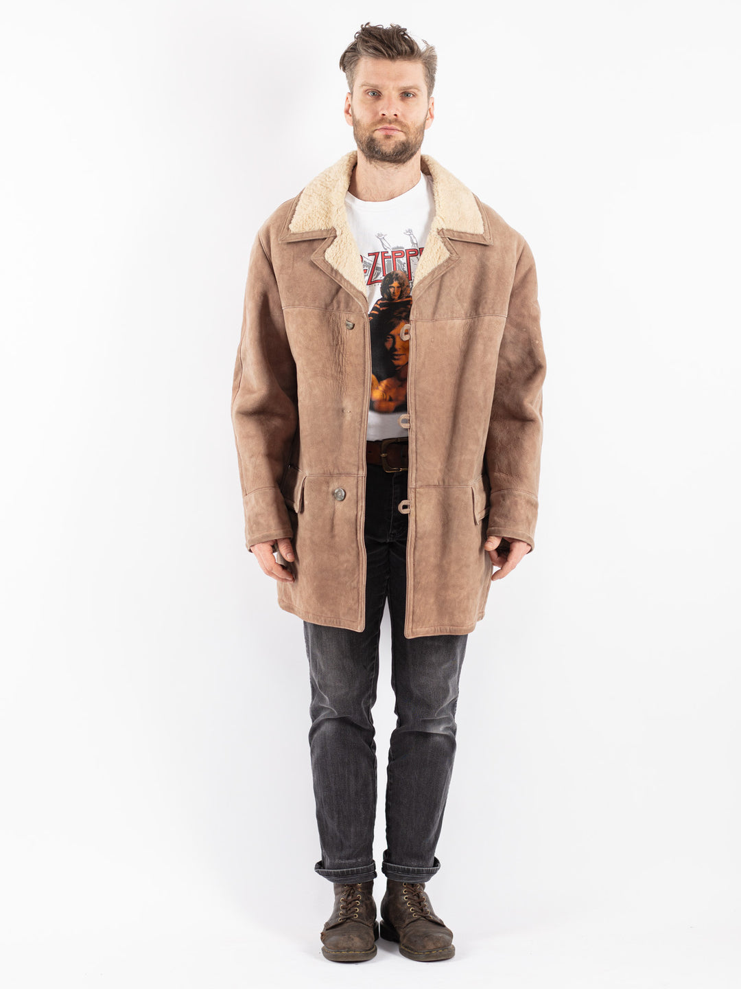 Vintage 70's Men Sheepskin Coat in Beige