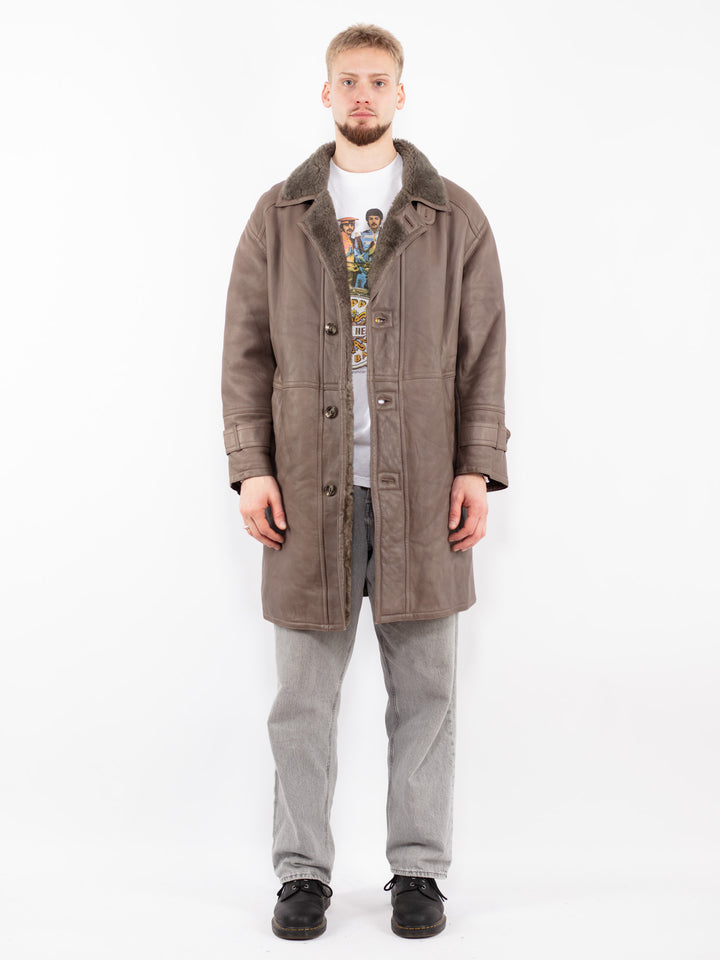 Vintage 70's Men Sheepskin Leather Coat in Brown