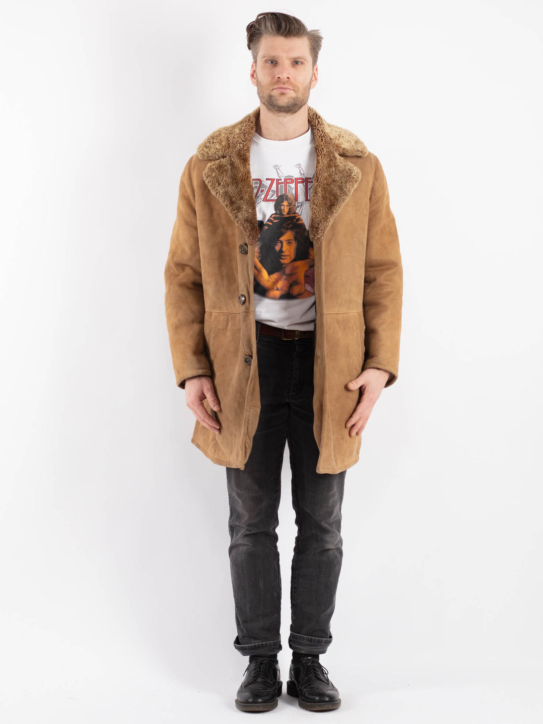 Vintage 70's Men Sheepskin Coat in Beige