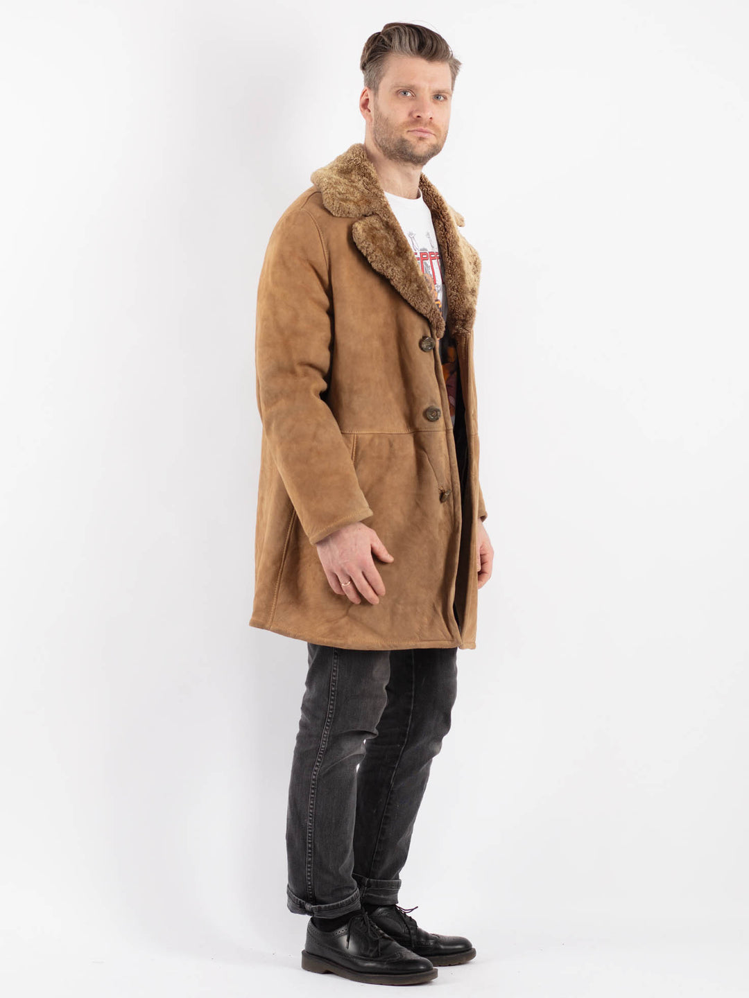 Vintage 70's Men Sheepskin Coat in Beige
