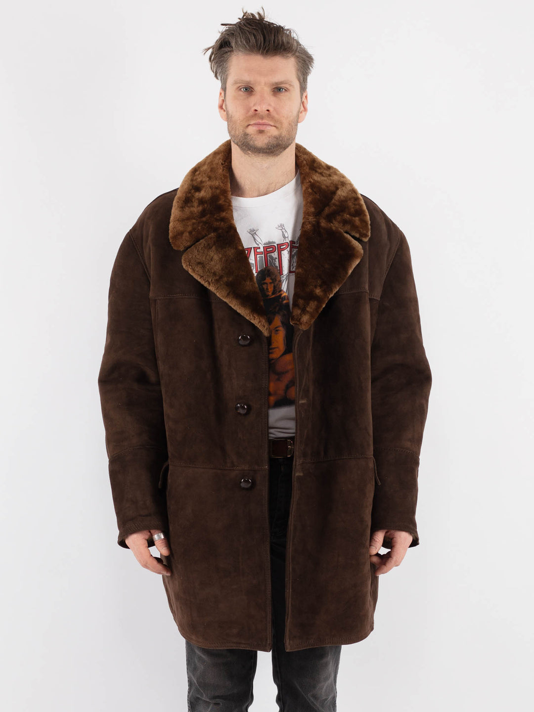 Vintage 70's Men Sheepskin Shearling Coat in Brown - NorthernGrip