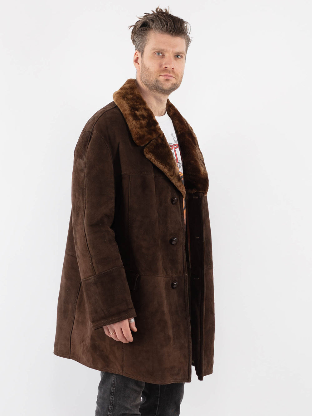 Vintage 70's Men Sheepskin Shearling Coat in Brown - NorthernGrip