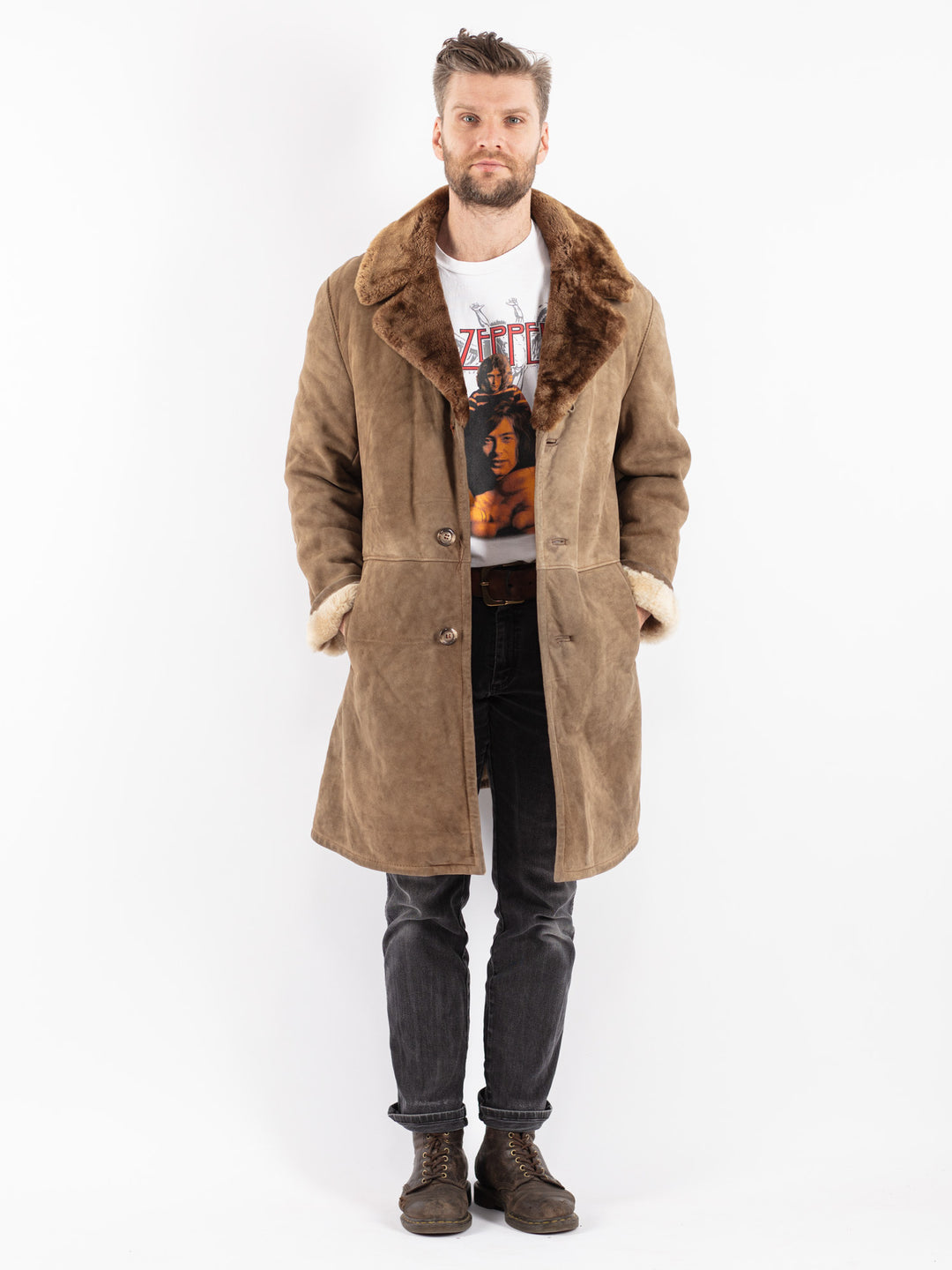 Vintage 70's Men Sheepskin Coat in Beige