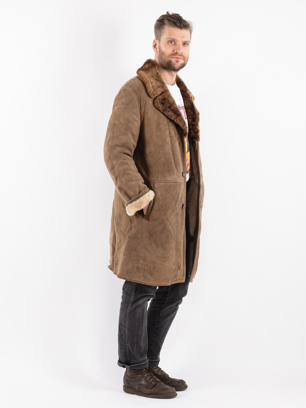 Vintage 70's Men Sheepskin Coat in Beige