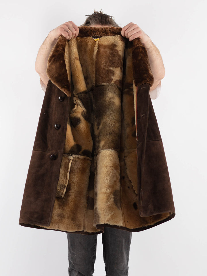 Vintage 70's Men Sheepskin Shearling Coat in Brown - NorthernGrip