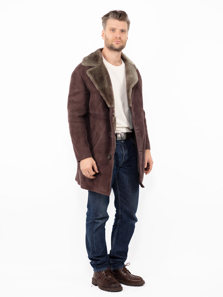 Vintage 70's Men Sheepskin Coat in Burgundy Brown