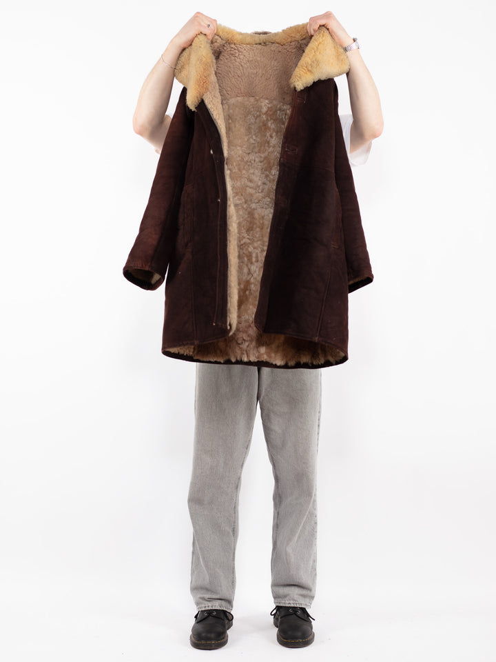 Vintage 70's Men Sheepskin Shearling Coat in Brown