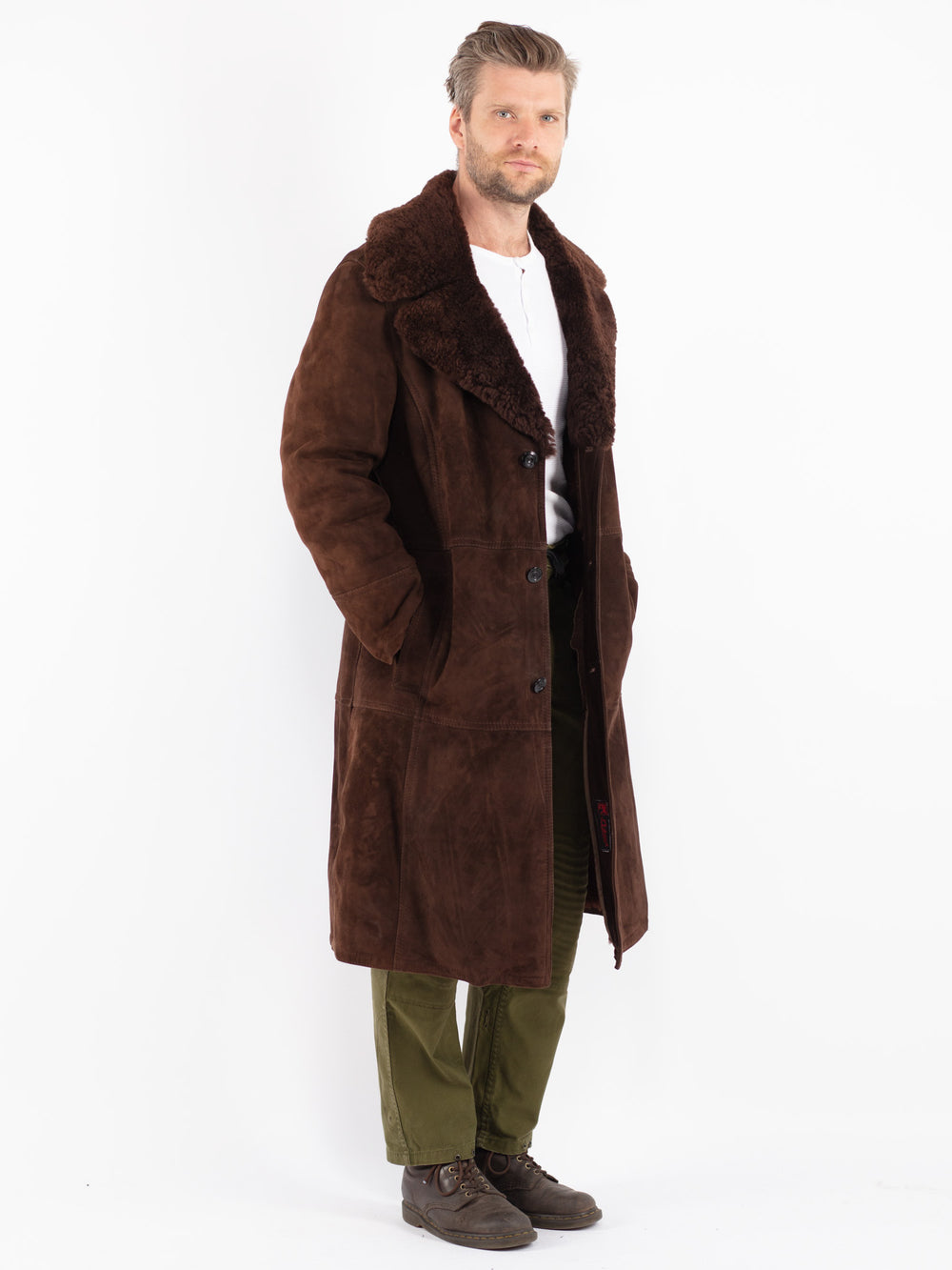 Vintage 70's Men Sheepskin Shearling Coat in Brown