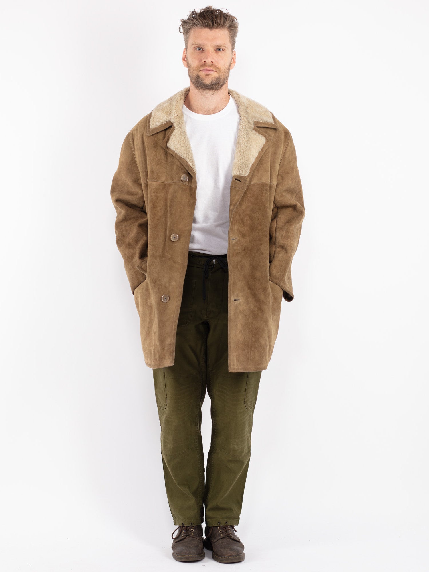 Online Vintage Store Vintage 70 s Men Sheepskin Coat in Khaki Northern Grip NorthernGrip