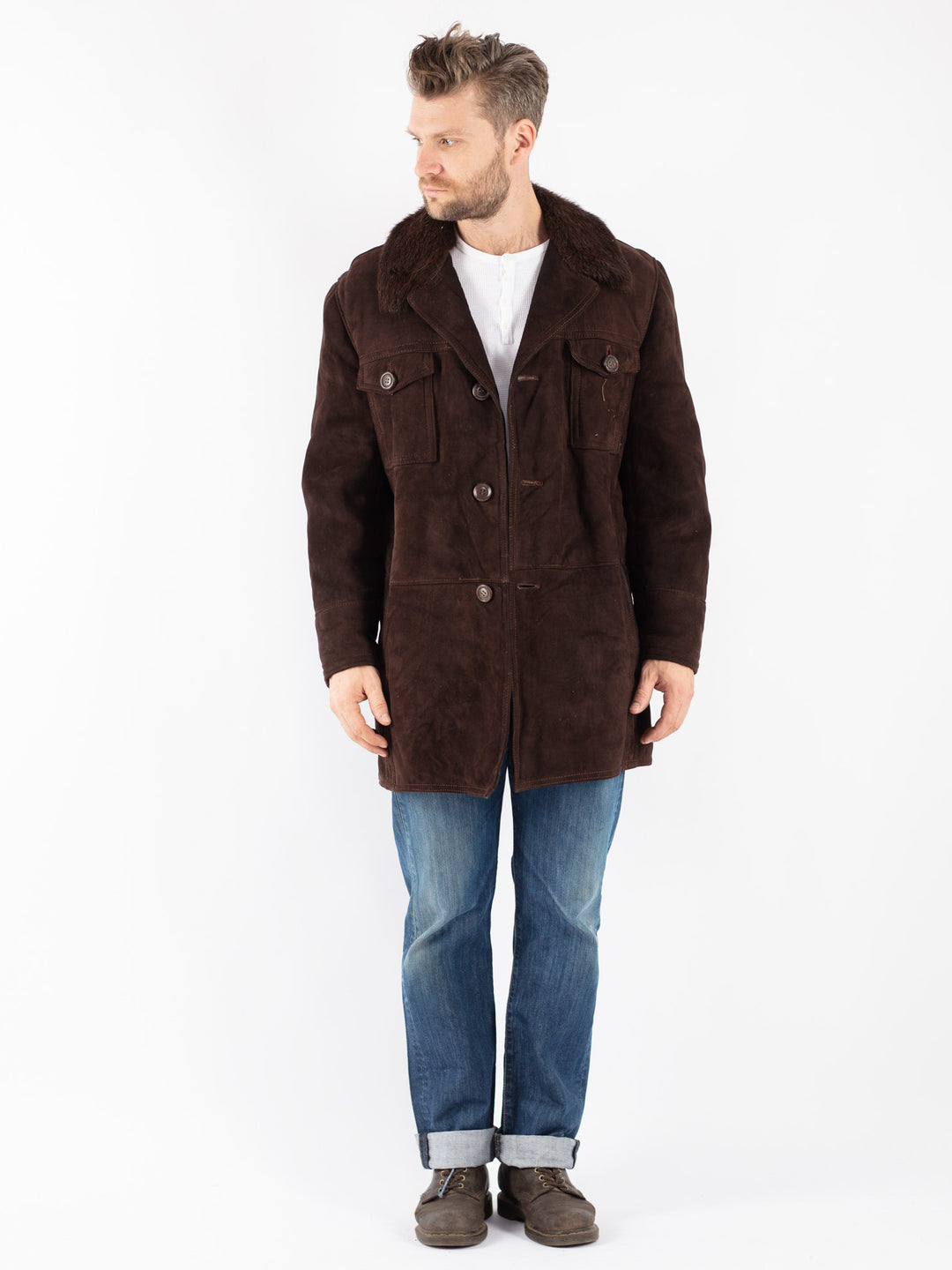 Vintage 70's Men Sheepskin Shearling Coat in Brown