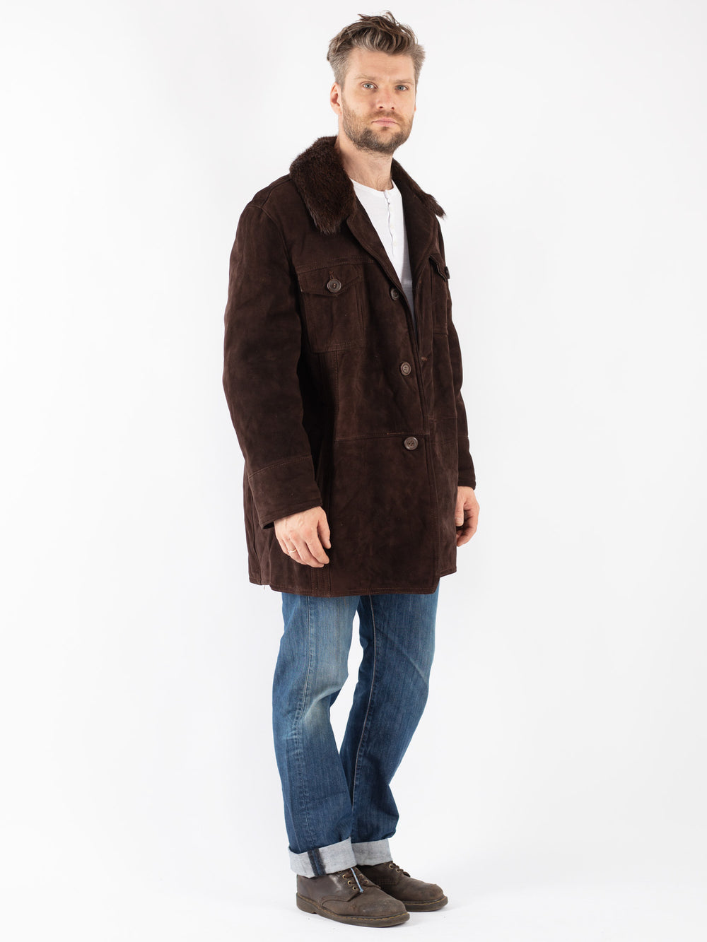 Vintage 70's Men Sheepskin Shearling Coat in Brown