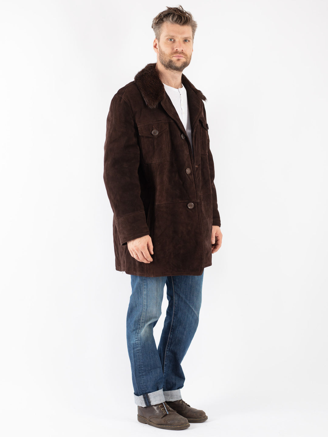 Vintage 70's Men Sheepskin Shearling Coat in Brown