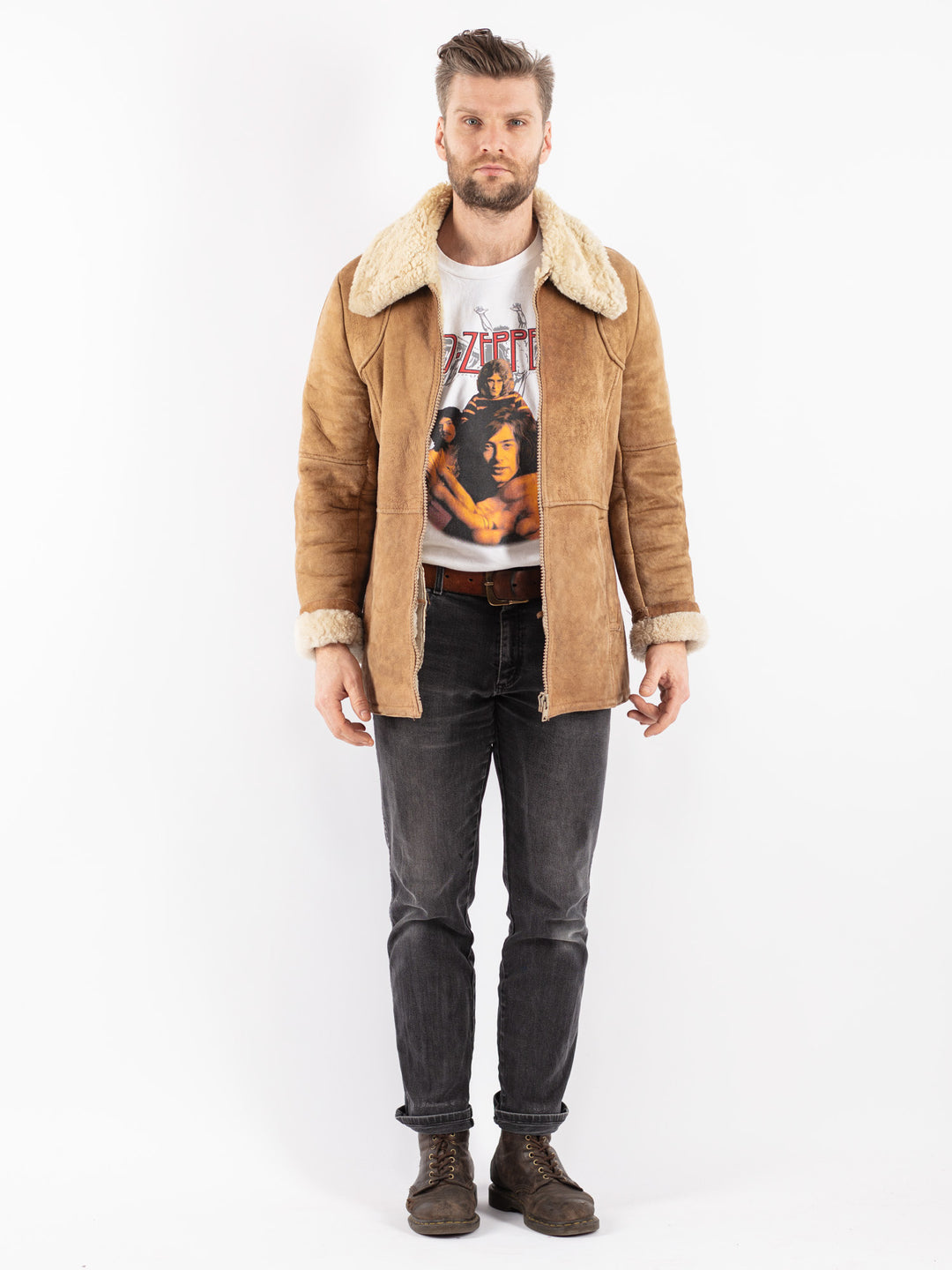 Vintage 70's Men Sheepskin Coat in Beige