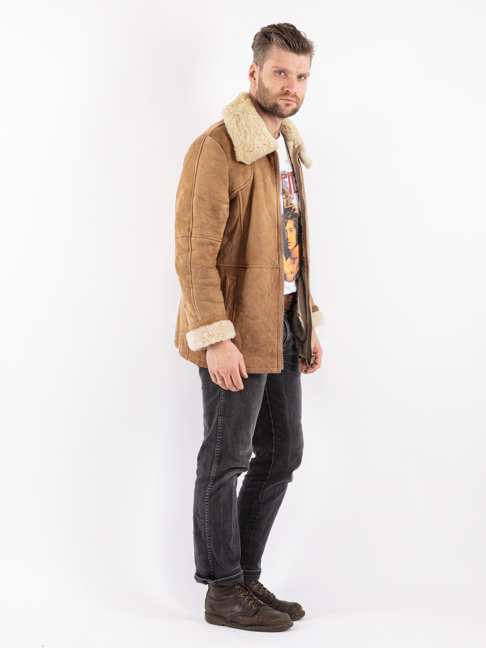 Vintage 70's Men Sheepskin Coat in Beige