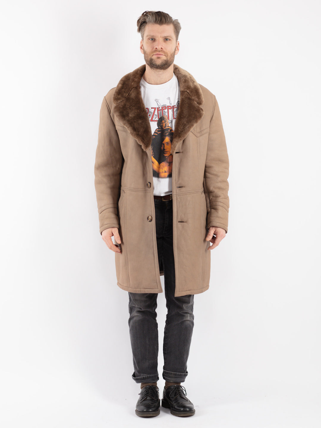 Vintage 70's Men Sheepskin Coat in Beige