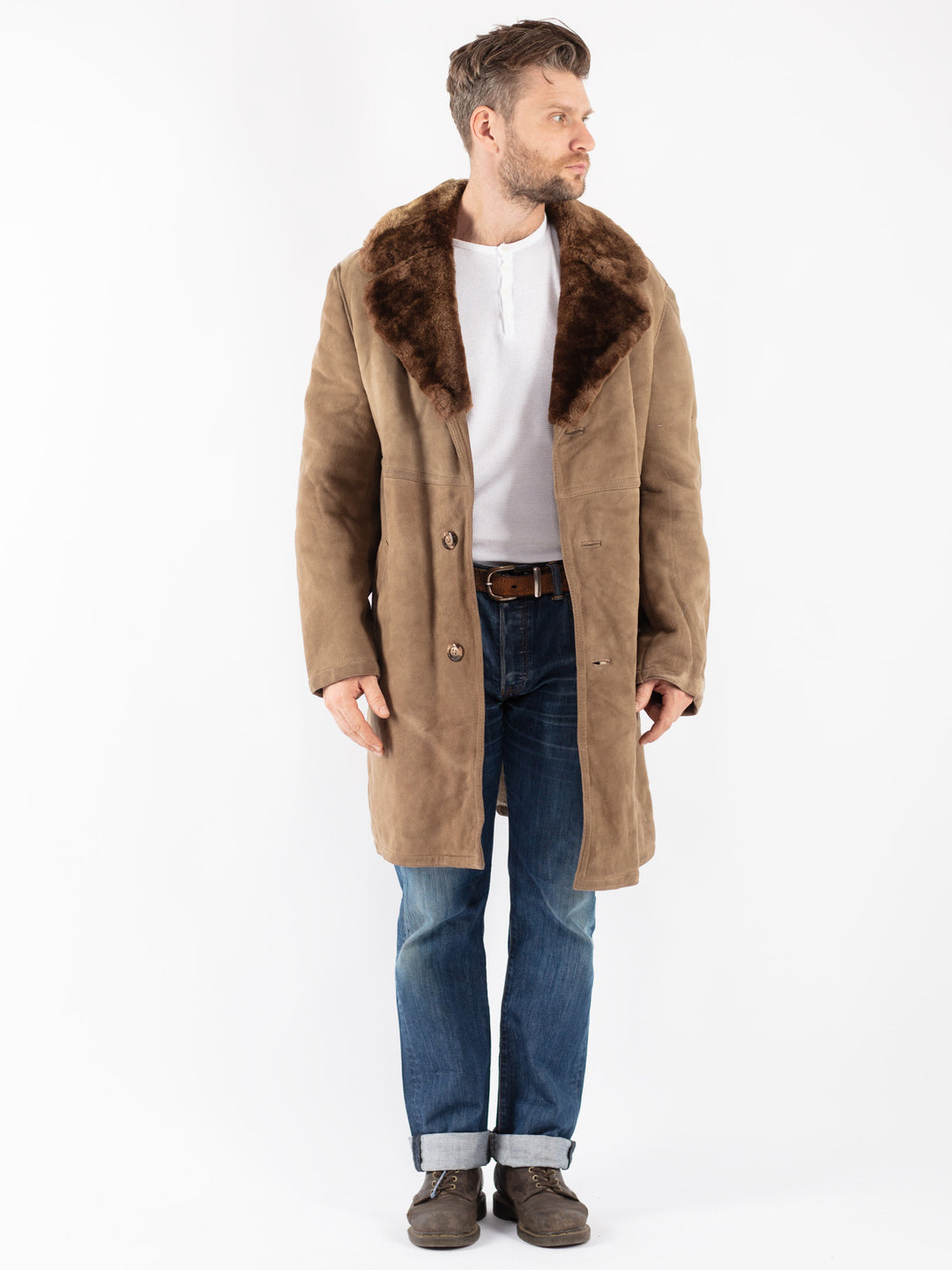 Vintage Men Sheepskin Coat in Beige