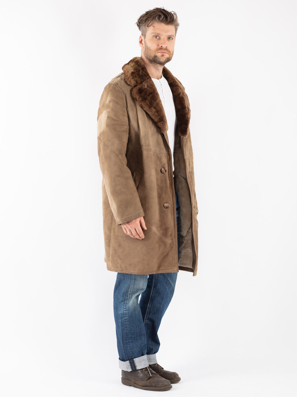 Vintage Men Sheepskin Coat in Beige