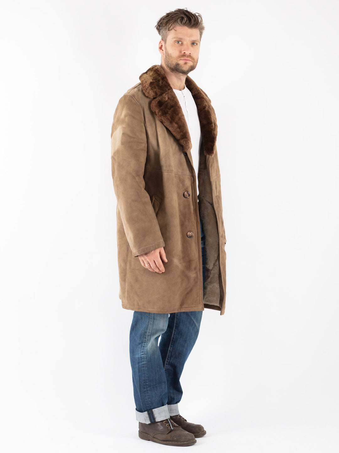 Vintage Men Sheepskin Coat in Beige
