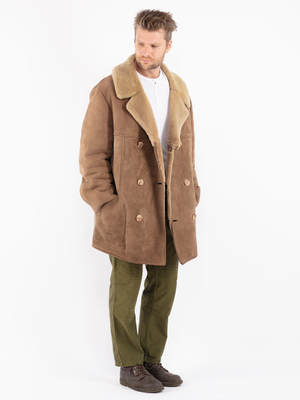 Vintage 70's Men Sheepskin Coat in Beige