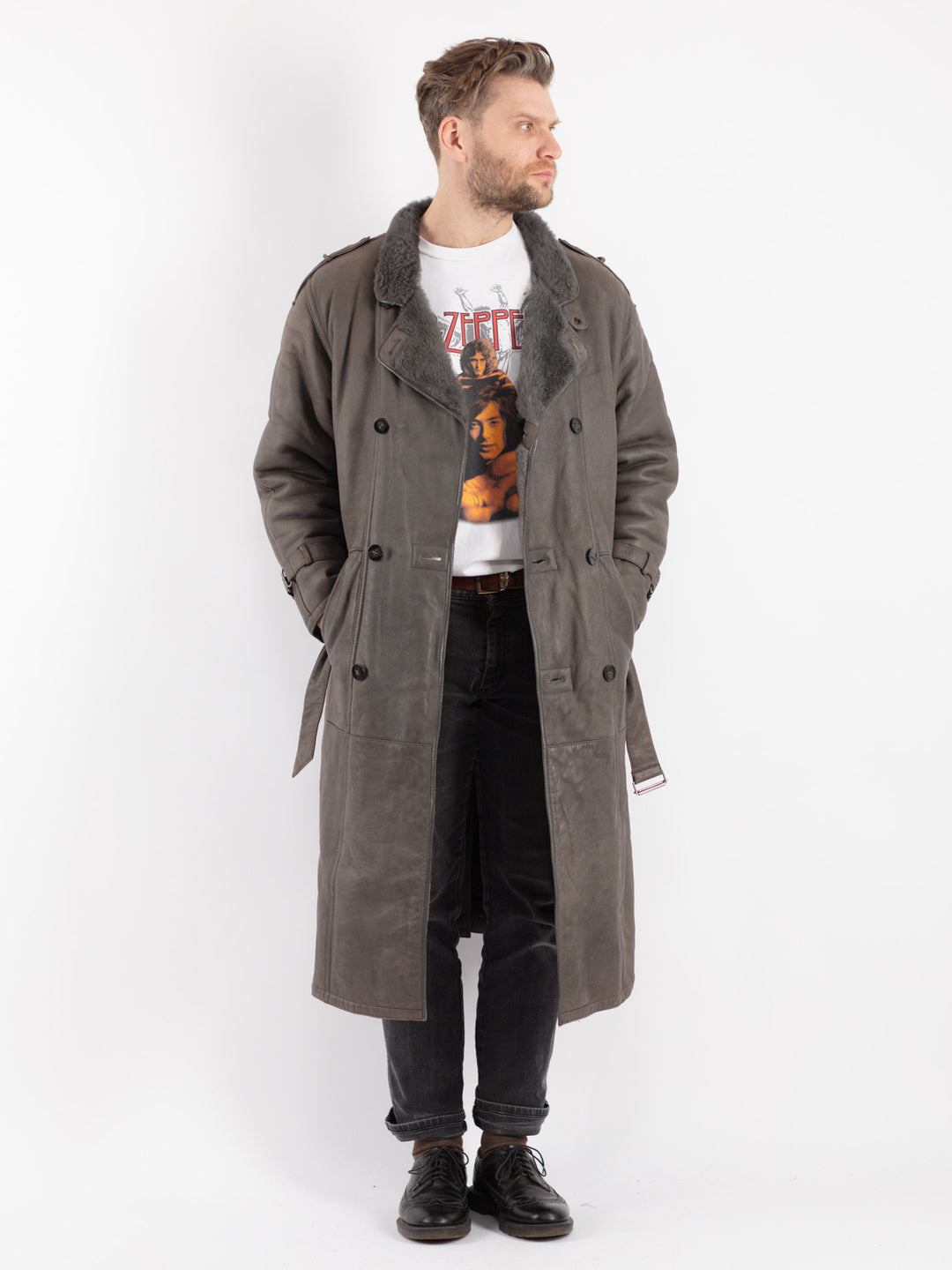 Vintage 70's Men Sheepskin Coat in Gray