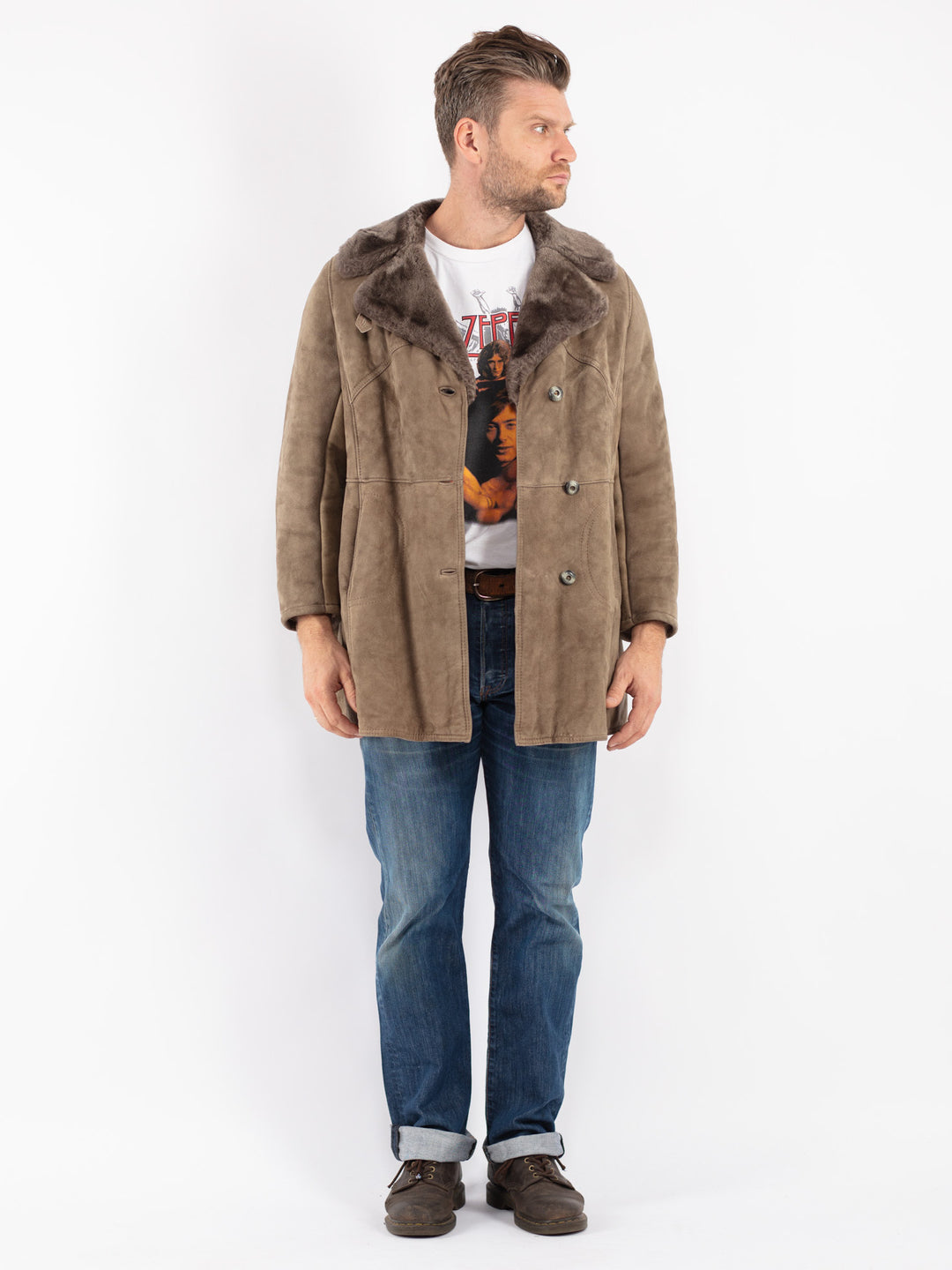 Vintage Men Sheepskin Coat in Beige
