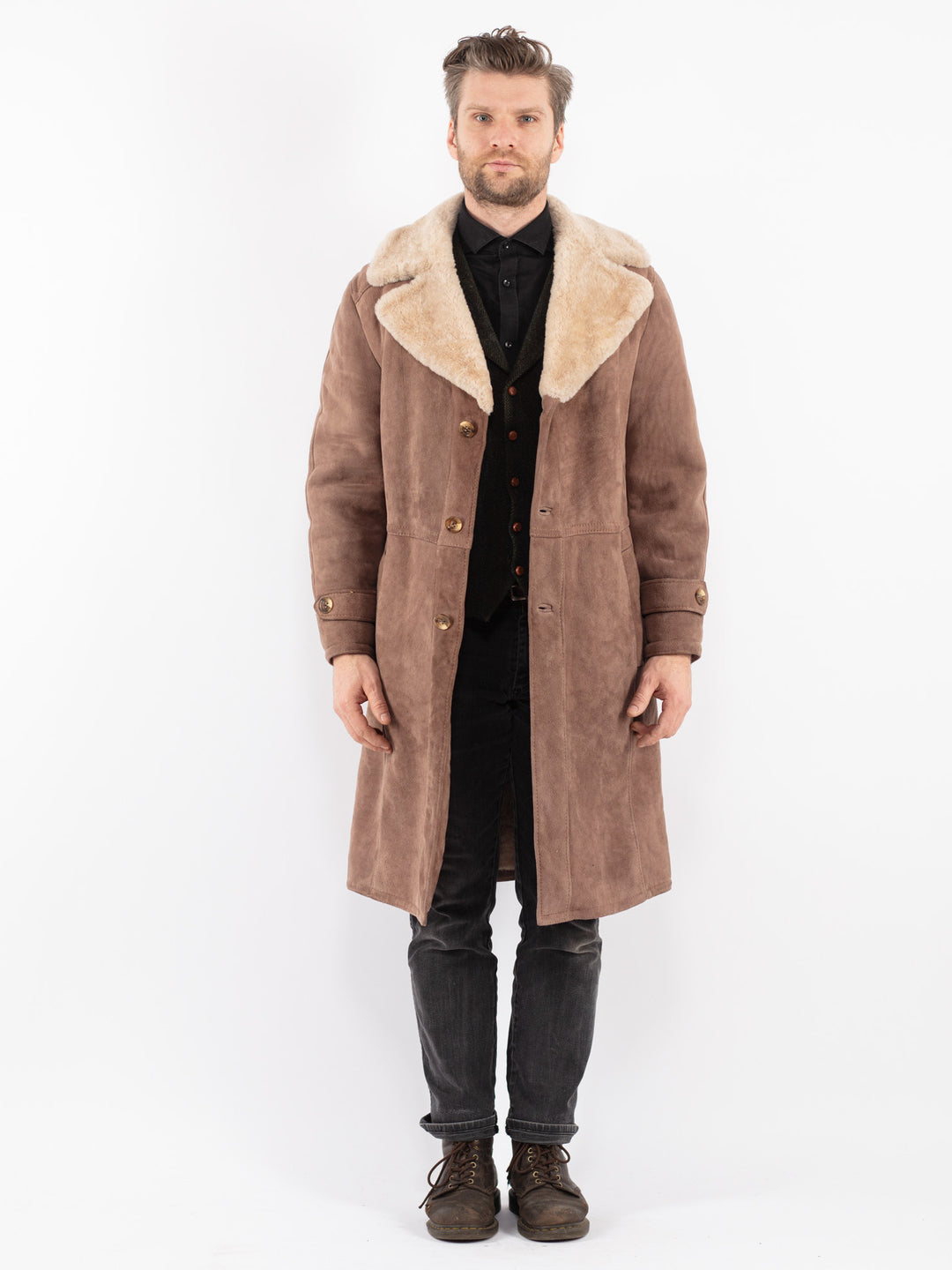 Vintage 70's Men Sheepskin Coat in Beige