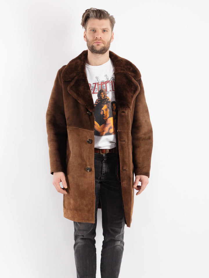 Vintage 70's Men Sheepskin Shearling Coat in Brown