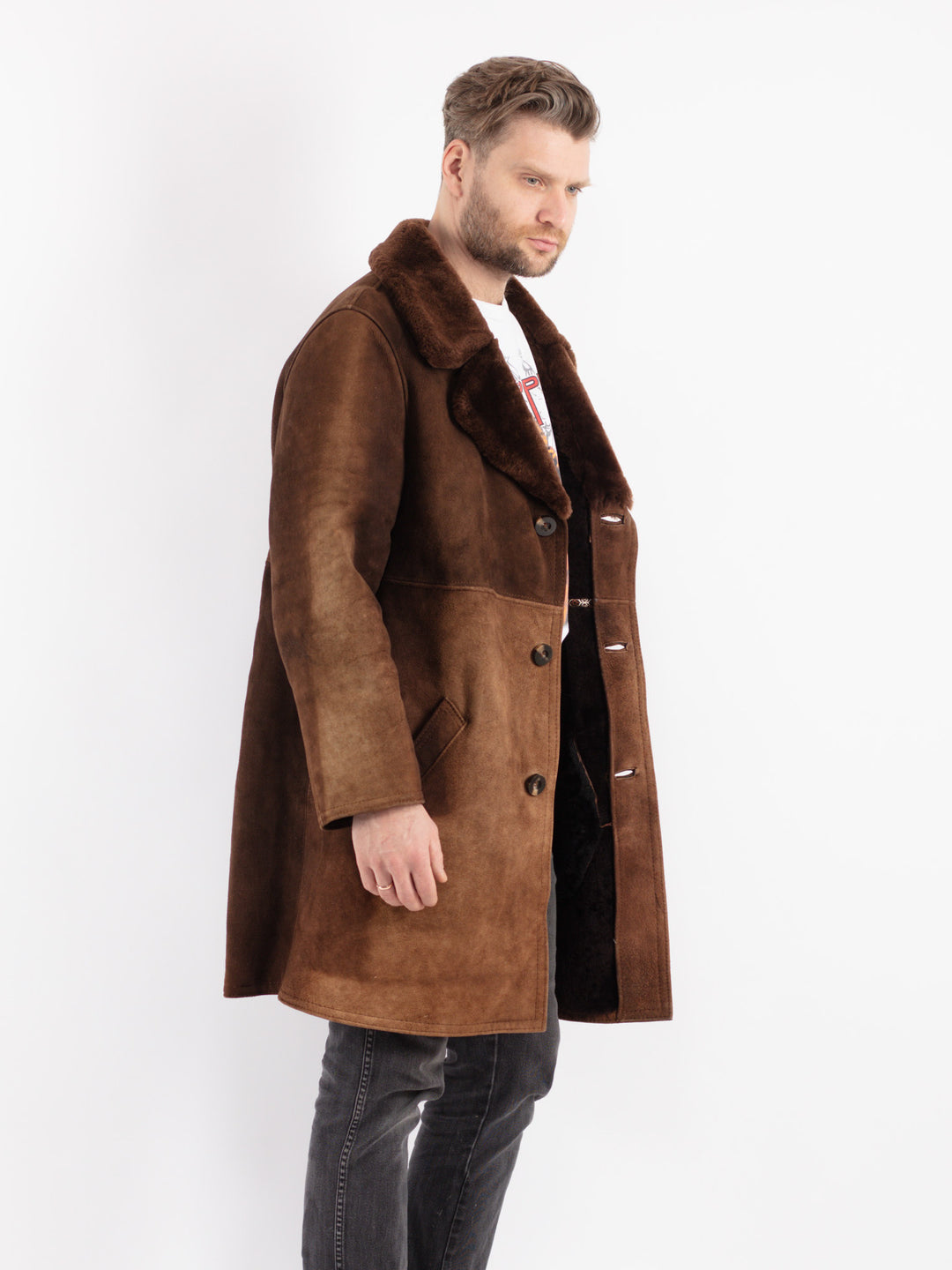 Vintage 70's Men Sheepskin Shearling Coat in Brown