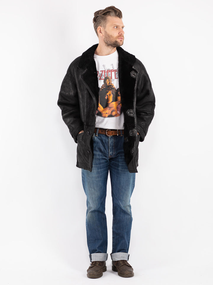 Vintage 70's Men Sheepskin Shearling Coat in Black