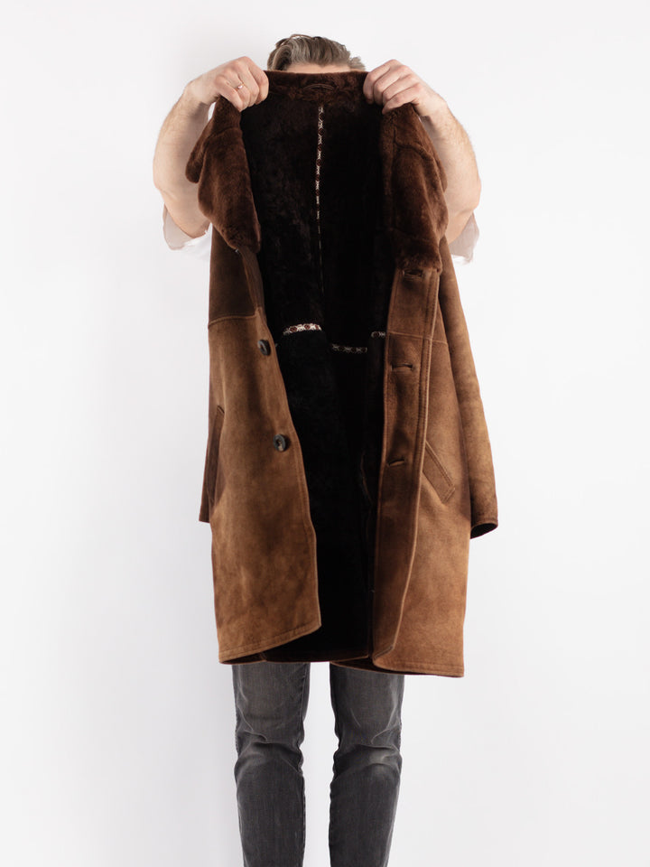 Vintage 70's Men Sheepskin Shearling Coat in Brown