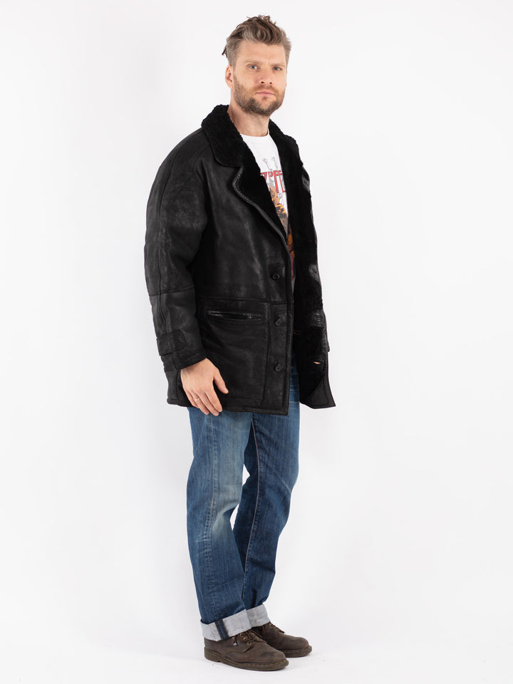 Vintage 70's Men Sheepskin Shearling Coat in Black