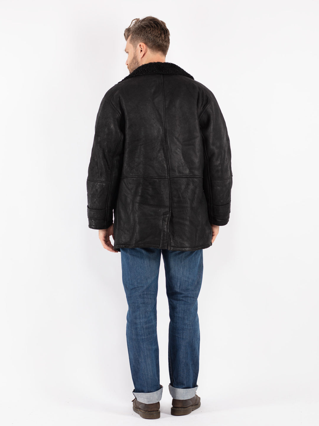 Vintage 70's Men Sheepskin Shearling Coat in Black